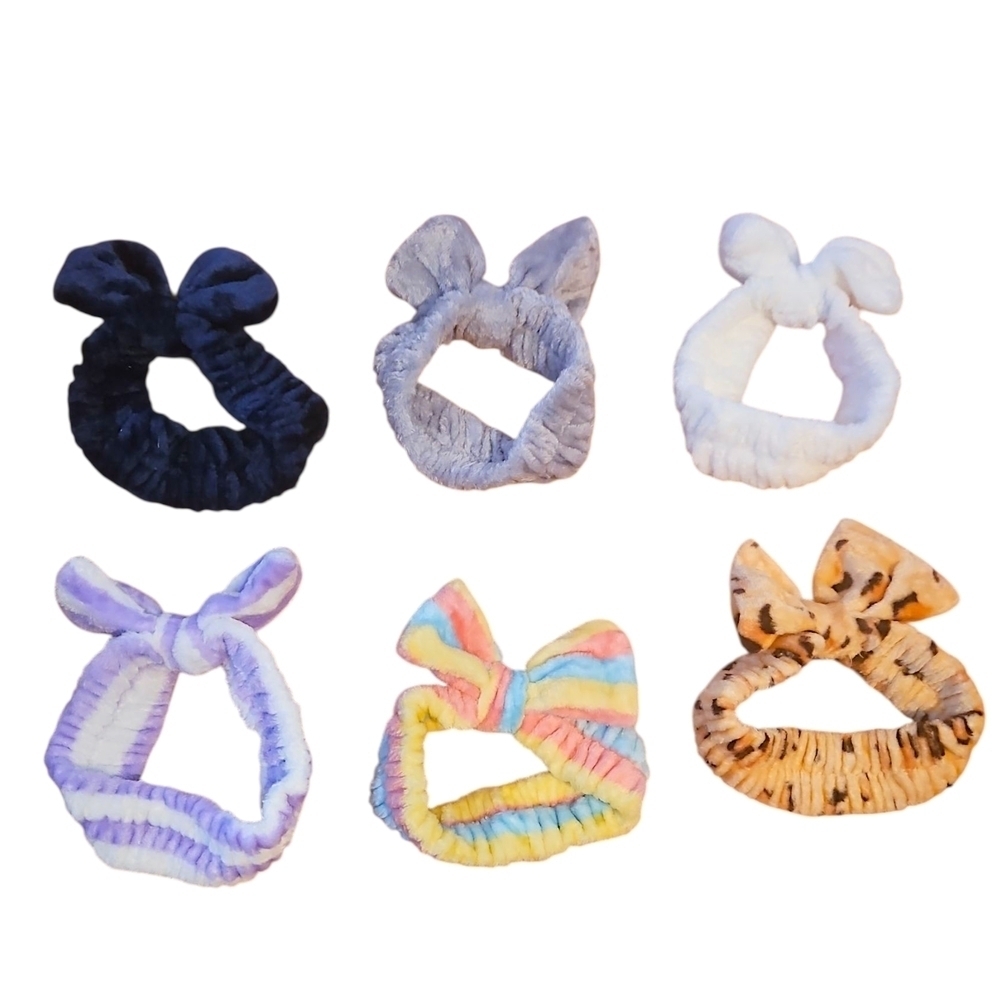 Seven (7) Colorful Fuzzy Spa Headbands With Bow, New without Tags
